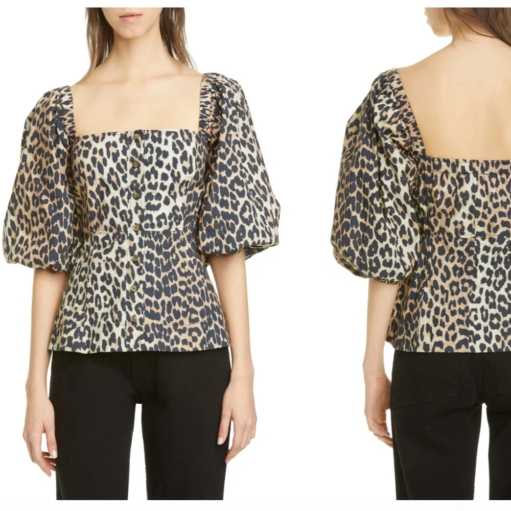 Ganni Leopard Print Puff Sleeve Blouse - Picture 1 of 3